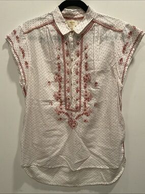 Maeve White Cap-Sleeve Blouse with Red Embroidery